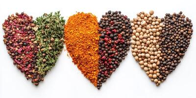 Colorful assortment of herbs and spices arranged in heart shapes on a white background to celebrate culinary creativity photo
