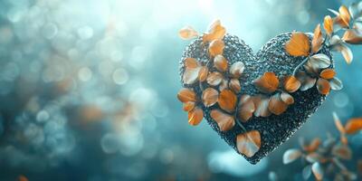 Artful heart shape composed of textured elements and delicate flowers set against a dreamy abstract background photo