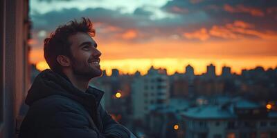 Man smiles while enjoying a vibrant sunset over a city skyline during twilight hours photo