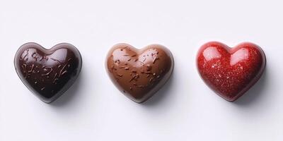 Assorted heart-shaped chocolate candies displayed on a light background for a festive occasion or celebration photo