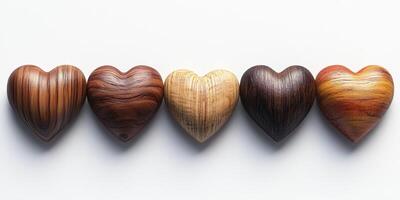 Five wooden hearts displayed on a white surface showcasing varying shades and textures crafted from different types of wood photo