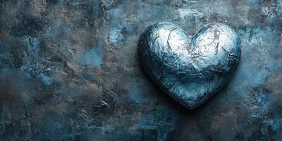 Metal heart sculpture on textured blue background showcasing artistic design and modern creativity photo