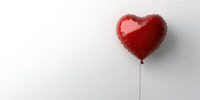 Red heart-shaped balloon floating against a white wall during a festive occasion photo