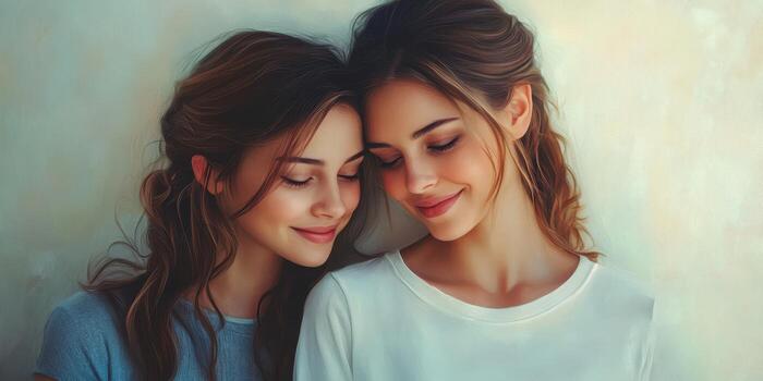 Two women share a joyful moment together, smiling and embracing in a soft, natural light setting photo