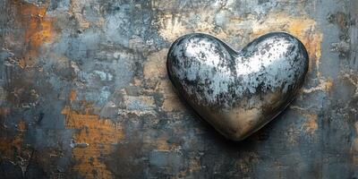 Heart-shaped metallic sculpture against textured backdrop with an artistic blend of silver and gold tones photo