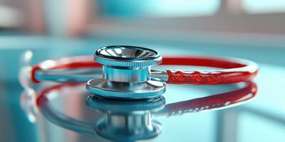 Stethoscope resting on reflective surface in medical office during daytime photo