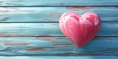 Bright pink heart on weathered blue wooden surface creates a vibrant and artistic expression of love and creativity photo