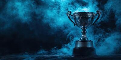 Shiny trophy surrounded by blue smoke on a dark background creates a dramatic and celebratory atmosphere photo