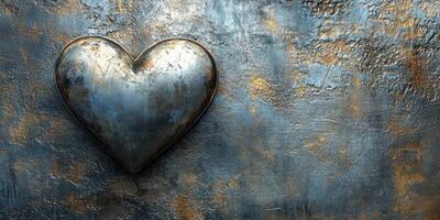Heart-shaped metallic sculpture on textured blue and gold background creates a striking visual contrast in a contemporary art setting photo