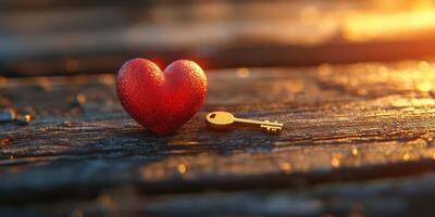 Heart shaped decoration with a golden key on a weathered wooden surface during sunset photo