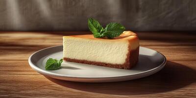 Creamy cheesecake slice on a plate with mint garnish and natural light enhancing its texture and color photo