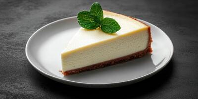 Delicious slice of classic cheesecake garnished with fresh mint leaves on a simple plate photo
