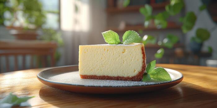 Delicious cheesecake slice adorned with fresh mint on a rustic wooden table in a cozy kitchen setting photo