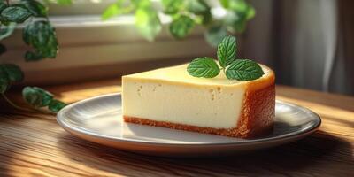Creamy cheesecake slice with mint leaves placed on a wooden table near a sunlit window photo