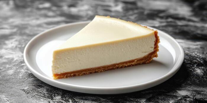 Creamy cheesecake slice placed on a white plate featuring a golden graham cracker crust photo