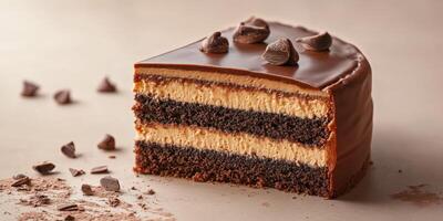 Indulgent chocolate cake with creamy filling and chocolate chips presented on a simple background photo