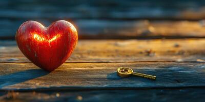 Heart and key placed on wooden surface symbolizing love and romance at sunset photo