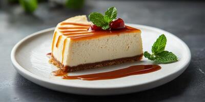 Creamy cheesecake topped with caramel sauce and mint leaves ready to be enjoyed at a cozy cafe photo