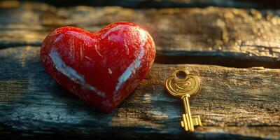 Heart-shaped decoration with a golden key on a rustic wooden surface during soft daylight photo