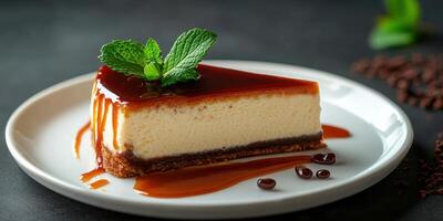 Delicious cheesecake slice with caramel sauce and mint garnish served on a plate at a cozy dessert cafe photo