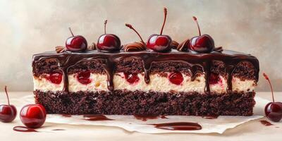 Delicious chocolate cake with layers of cream and cherries on top served on parchment paper photo