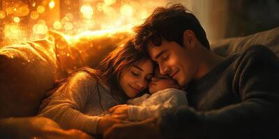 Family enjoying a cozy moment together on a couch with soft lighting in a warm indoor setting during evening hours photo