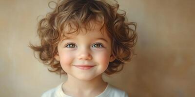 Young child with curly hair smiles warmly in soft natural light against a neutral background photo