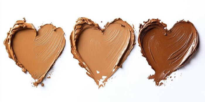 Three heart shapes made from varying shades of creamy color arranged on a white background showcasing an artistic display photo