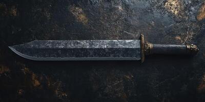 High-quality decorative knife rests on a dark metallic surface with intricate details and polishing photo