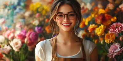 Young florist smiles while surrounded by colorful flowers in a vibrant flower shop on a sunny day photo