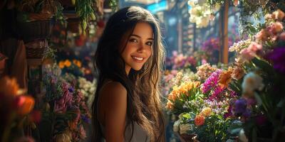 Young woman smiling in a flower market surrounded by vibrant blooms during the golden hour of sunset photo