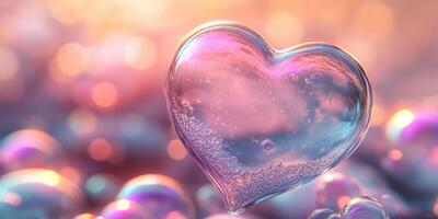 Beautiful heart-shaped bubble sparkling in soft pastel colors at sunset time photo