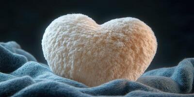 Soft heart-shaped cushion resting on a textured fabric in serene lighting creates a cozy atmosphere photo