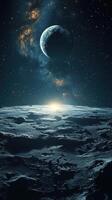 Moon landscape with distant planet and starry sky at dawn showcasing cosmic beauty and tranquility photo