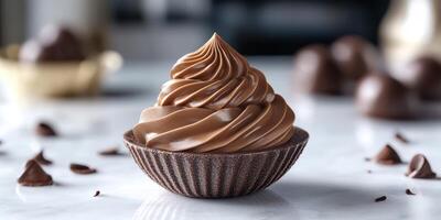 Chocolate dessert in a bowl with soft swirl topping and cocoa accents on a marble countertop photo