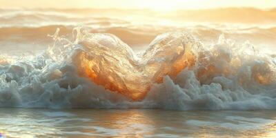 Waves create a heart shape at sunset, reflecting vibrant orange and golden hues over the shoreline photo