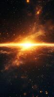 Bright dawn breaks over a vast cosmic landscape filled with stars and glowing energy photo