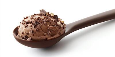 Delicious chocolate ice cream topped with chocolate shavings on a spoon photo