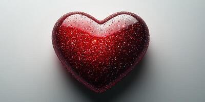 Bright red glittering heart sculpture resting on a smooth white surface in soft lighting photo