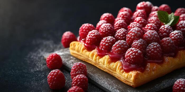 Delicious raspberry tart with fresh berries on a dark surface ready to be enjoyed at a dessert gathering photo