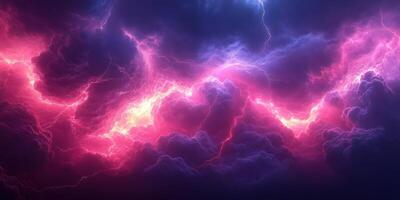Vibrant lightning streaks illuminate dark storm clouds at dusk over a dramatic sky in a surreal display of nature's power photo
