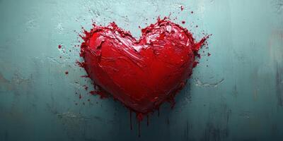 Vibrant red heart artwork splattered on textured wall showcasing love and emotion photo