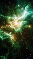 Vibrant cosmic nebula showcasing swirling green clouds and distant stars in deep space photo