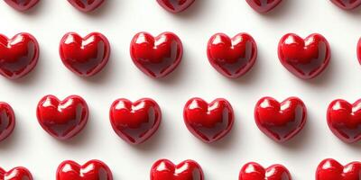 Red glossy hearts arranged in a neat pattern on a light surface for decoration and design purposes photo