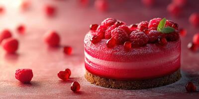 Raspberry mousse cake with garnished berries on a textured surface photo