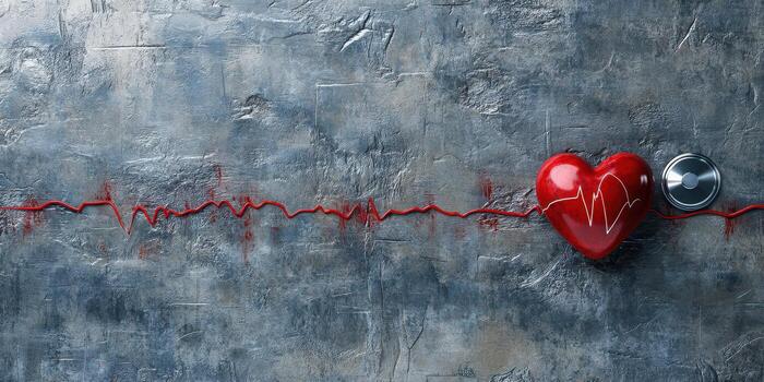 Heartbeat visual representation with red heart and stethoscope on textured background photo