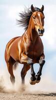 Horse galloping across sandy terrain under a bright sky, showcasing its power and grace in motion photo