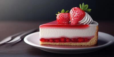 Delicious strawberry shortcake served on a white plate with a fork on a wooden table photo