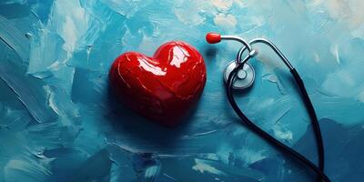 Heart symbol and stethoscope represent medical care and health awareness during a wellness campaign photo
