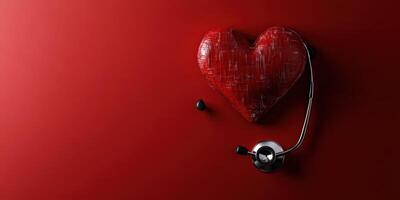 Heart and stethoscope represent the connection between health and care in a simple design on red background photo